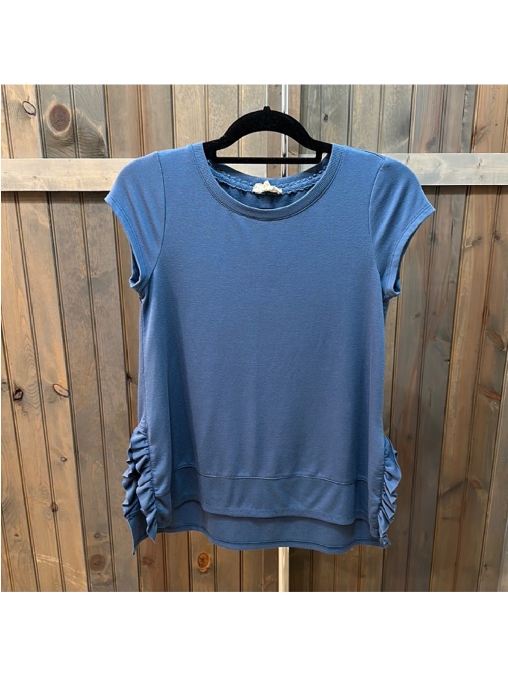 Cupio Slate Blue Short Sleeve Ruffle Side Top